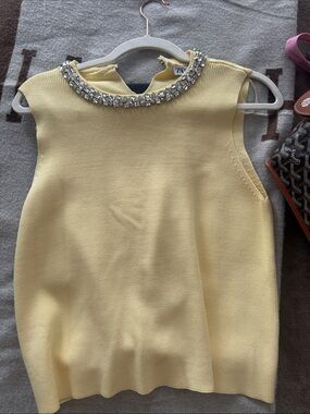 Zara Pale Yellow Sleeveless Knit Top with Crystal Collar